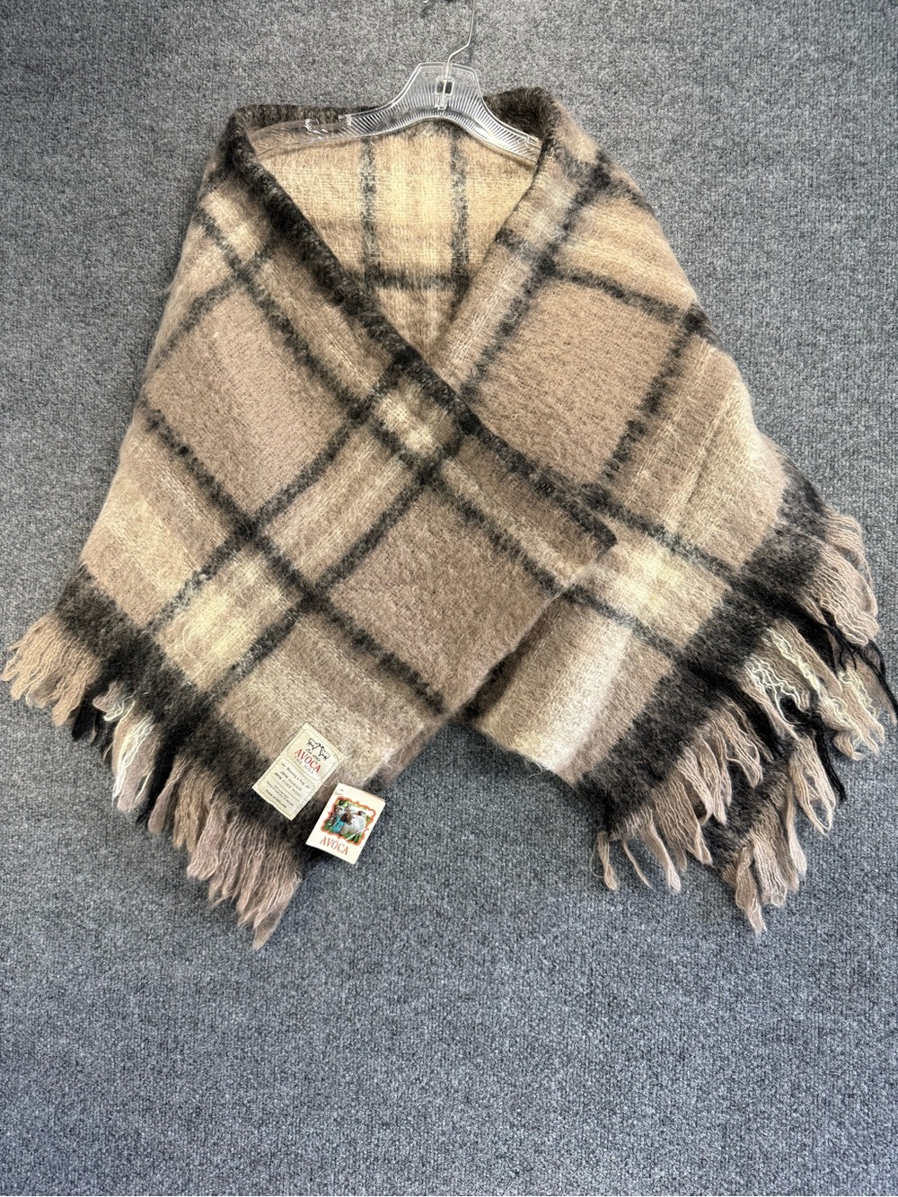 Mohair & Wool Wrap Scarf in Beige & Black Plaid - made in Ireland